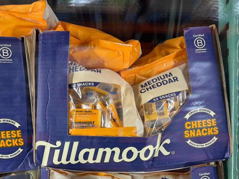 Tillamook cheddar snacks individually wrapped in a larger bag on display at a Costco