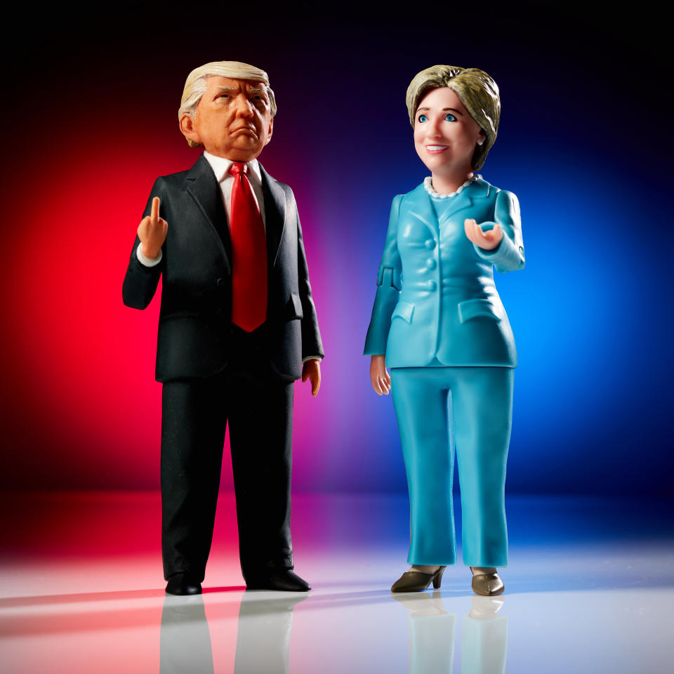 Want to get your kids to be more political when they play with dolls? Get these action figures! Want to scare them away from playing with toys altogether? Get these action figures! <a href="https://shop.fctry.com/products/hillary-clinton-action-figure" target="_blank">The Hillary action figure</a> comes complete with trademark pantsuit and a hairstyle sure to be criticized in a manner that would never happen to a male action figure. <a href="https://shop.fctry.com/pages/presale-trump" target="_blank">The Trump action figure</a> comes complete with removable hair, "deep pockets he's incapable of opening," and an ever-present middle finger. However, the Trump doll won't even be available until after the election -- a time when many Americans hope Trump won't even be around. (<a href="https://shop.fctry.com" target="_blank">Shop.fctry.com</a>, $19.99 each, $34.99 for both -- not shipping until December) 