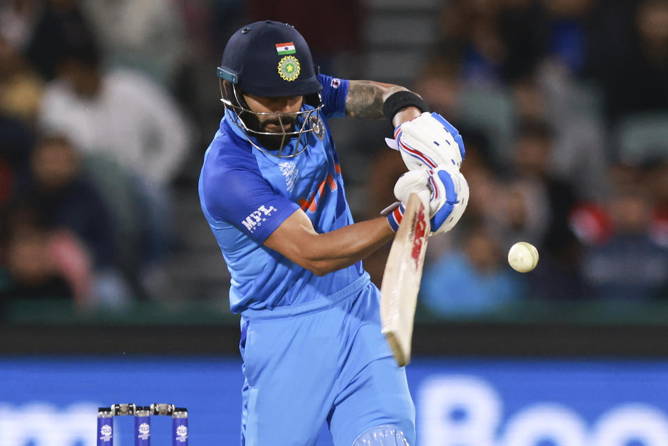 India's Virat Kohli bats during the T20 World Cup cricket match between India and Bangladesh in Adelaide, Australia, Wednesday, Nov. 2, 2022. (AP Photo/James Elsby)