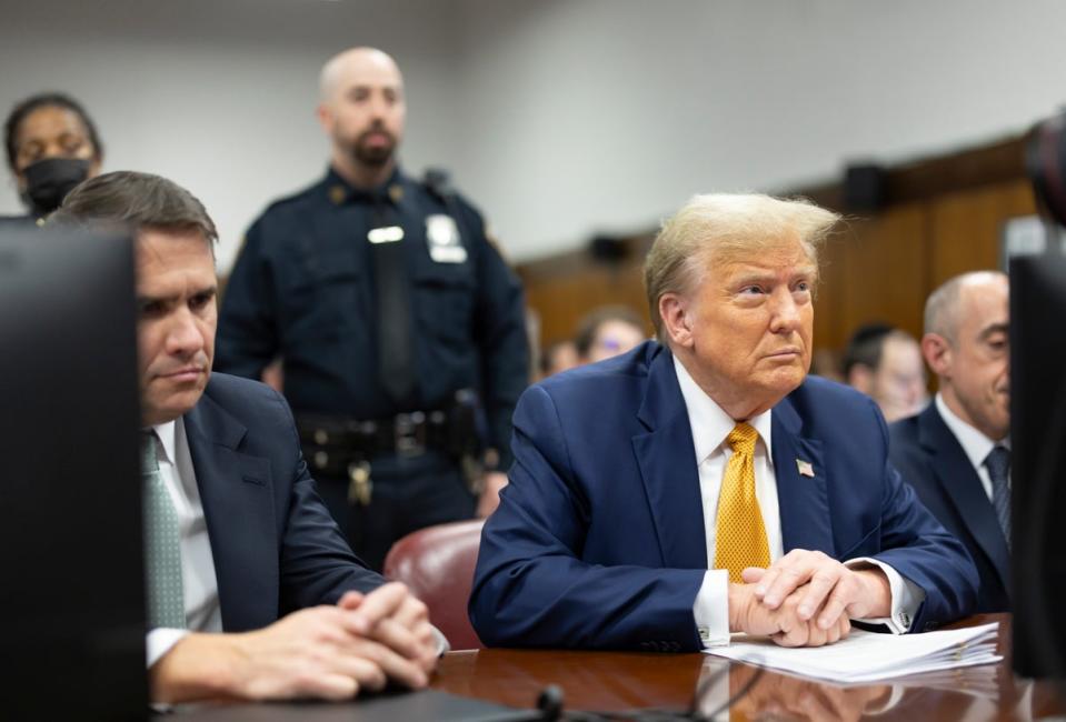 Donald Trump in New York during his hush money trial. Recent polling found that more than half of Americans believe he falsified records to cover up payments to Stormy Daniels