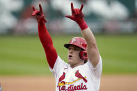 St. Louis Cardinals' Harrison Bader celebrates after hitting a solo home run during the fourth inning of a baseball game against the Milwaukee Brewers Sunday, Sept. 27, 2020, in St. Louis. (AP Photo/Jeff Roberson)