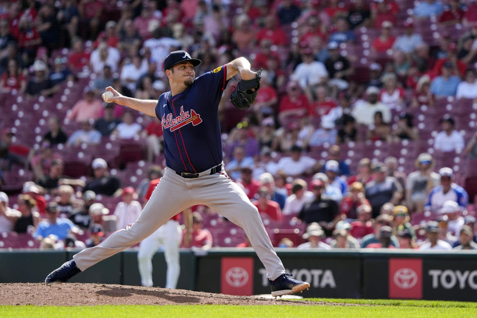 Atlanta Braves pitcher Luke Jackson delivers during the seventh inning of a baseball game against the Cincinnati Reds, Thursday, Sept. 19, 2024, in Cincinnati. (AP Photo/Joshua A. Bickel)