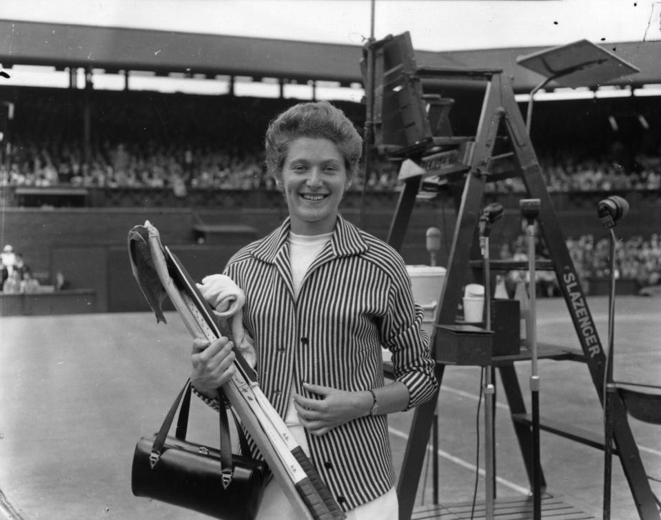 At Wimbledon before playing in the women’s singles final in 1956 (Getty)