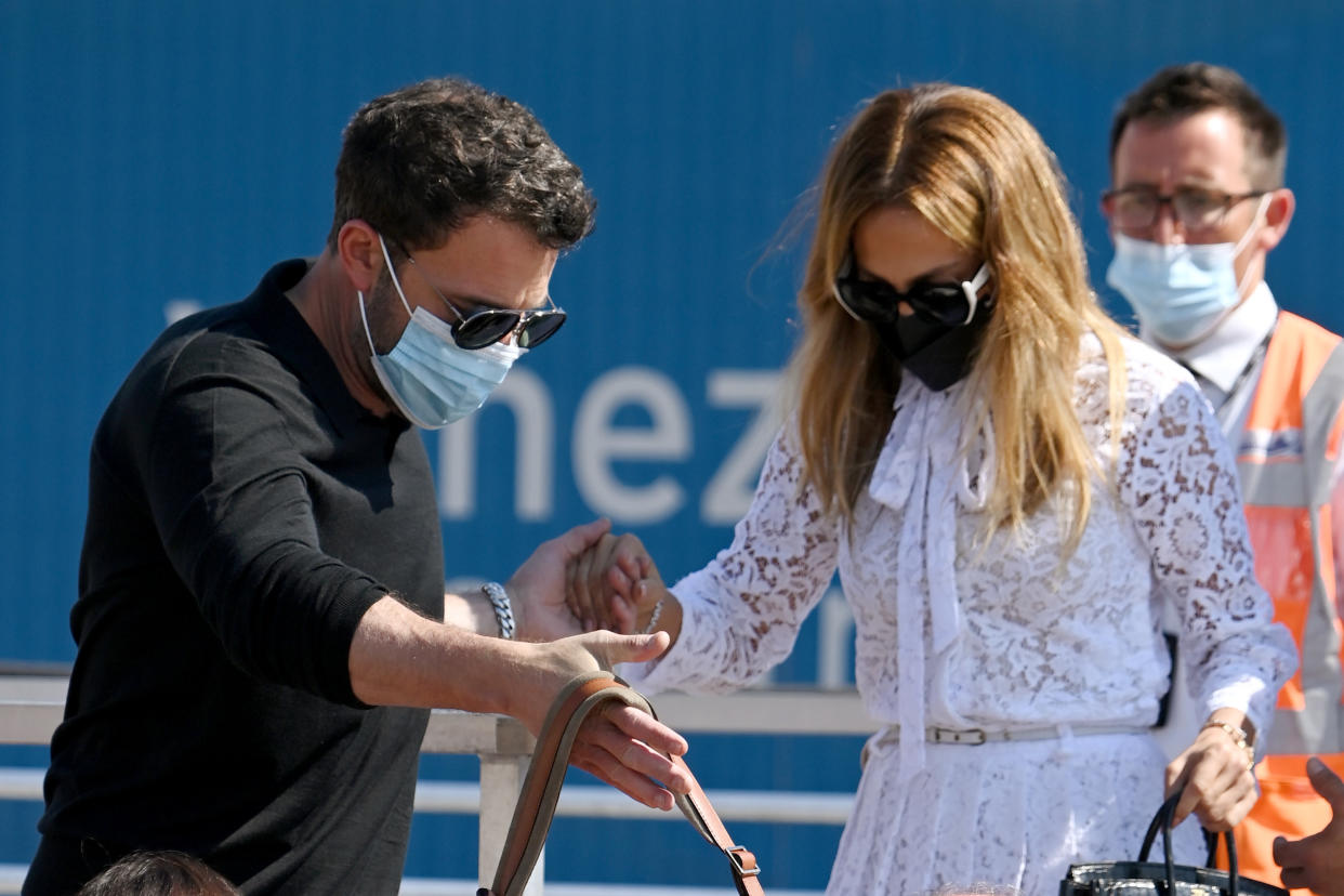 Ben Affleck and Jennifer Lopez arrive at the 78th Venice International Film Festival on September 09, 2021 in Venice, Italy. (Getty Images) 