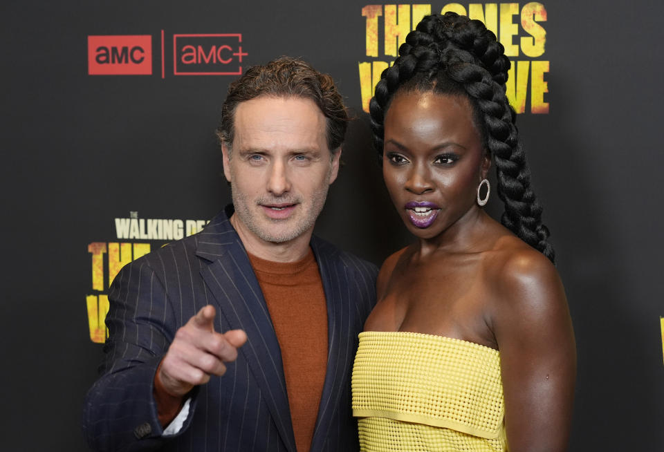 Andrew Lincoln, left, and Danai Gurira, cast member and executive producers of "The Walking Dead: The Ones Who Live," pose together at the premiere of the AMC series, Wednesday, Feb. 7, 2024, in Los Angeles. (AP Photo/Chris Pizzello)