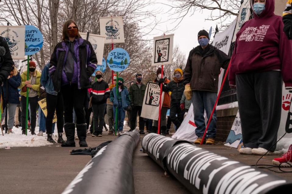 Activists protest the Enbridge Energy pipeline project on 14 November.