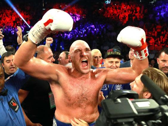 Tyson Fury celebrates in Las Vegas (Mikey Williams/Top Rank/PA)