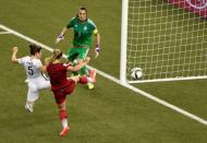 Jun 30, 2015; Montreal, Quebec, CAN; United States defender Kelley O'Hara (5) scores against Germany goalkeeper Nadine Angerer (1) during the second half of the semifinals of the FIFA 2015 Women's World Cup at Olympic Stadium. Mandatory Credit: Eric Bolte-USA TODAY Sports