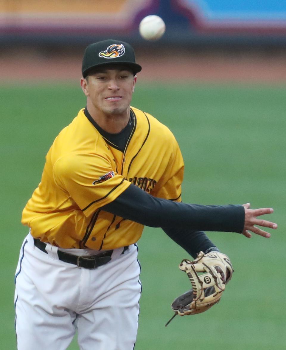 Tyler Freeman throws to first for an out after fielding a ground ball for the RubberDucks against Binghamton in the second inning at Canal Park in Akron, May 5, 2021.