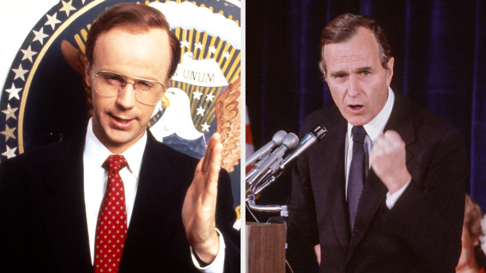 Dana Carvey doing an impression of George H.W. Bush side by side to President George H.W. Bush