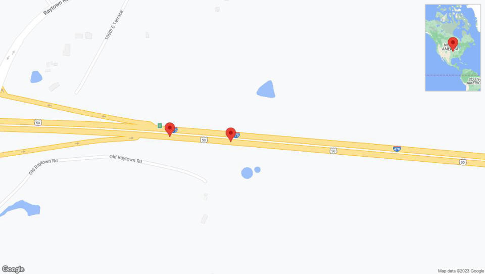 A detailed map that shows the affected road due to 'Broken down vehicle on eastbound I-470 in Kansas City' on November 23rd at 1:05 p.m.