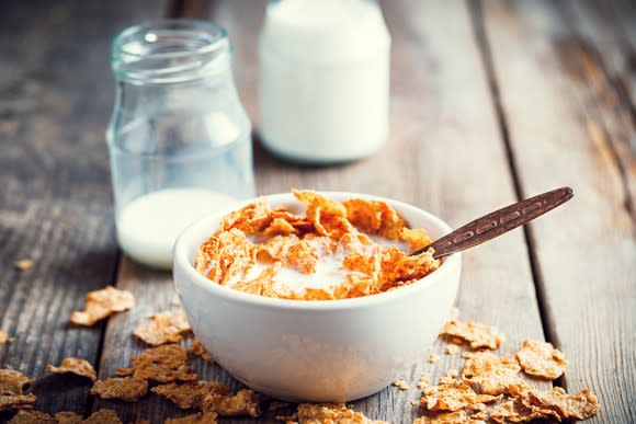 Bowl of cereal on a table.