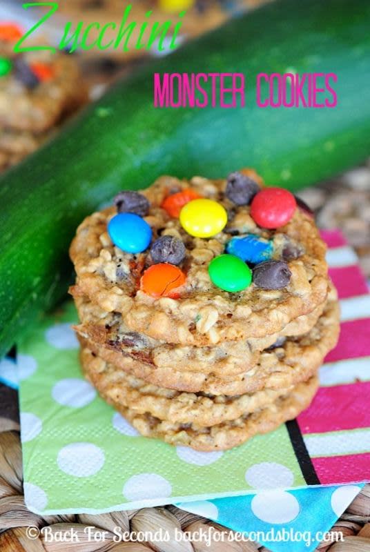 <p>backforseconds.com</p><p>Zucchini Monster Cookies are a super delicious way to use up extra zucchini from the garden! You would never know these are made with zucchini and no butter!! </p><p><strong>Get the recipe:</strong> <a href="http://backforseconds.com/zucchini-monster-cookies/" rel="nofollow noopener" target="_blank" data-ylk="slk:Zucchini Monster Cookies;elm:context_link;itc:0;sec:content-canvas" class="link "><strong>Zucchini Monster Cookies</strong></a></p>