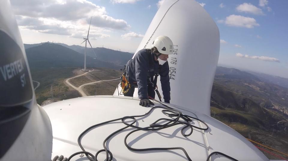 First person point of view from the exterior of a wind turbine.