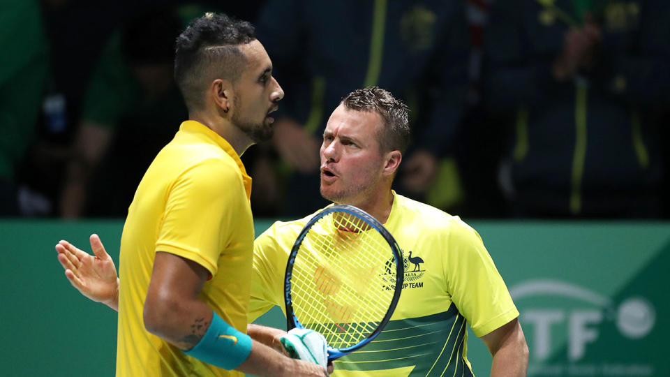 Aussie coach Lleyton Hewitt seen here encouraging Nick Kyrgios.