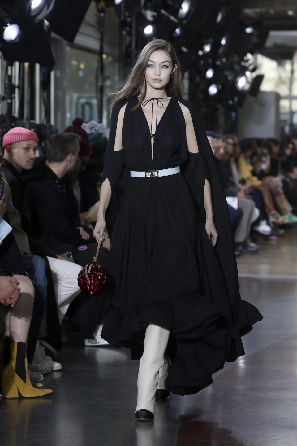 Model Gigi Hadid presents a creation during Lanvin Mens Fall/Winter 2020-2021 fashion collection presented Sunday, Jan. 19, 2020 in Paris. (AP Photo/Thibault Camus)