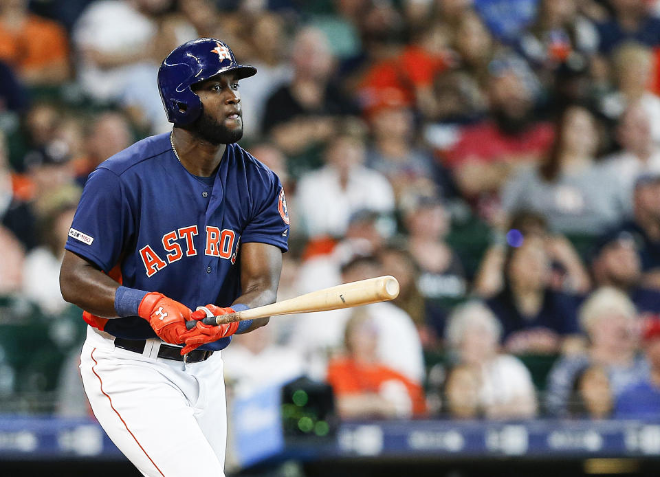 Astros rookie Yordan Alvarez is already making home run history less than a week into his big league career. (Photo by Bob Levey/Getty Images)