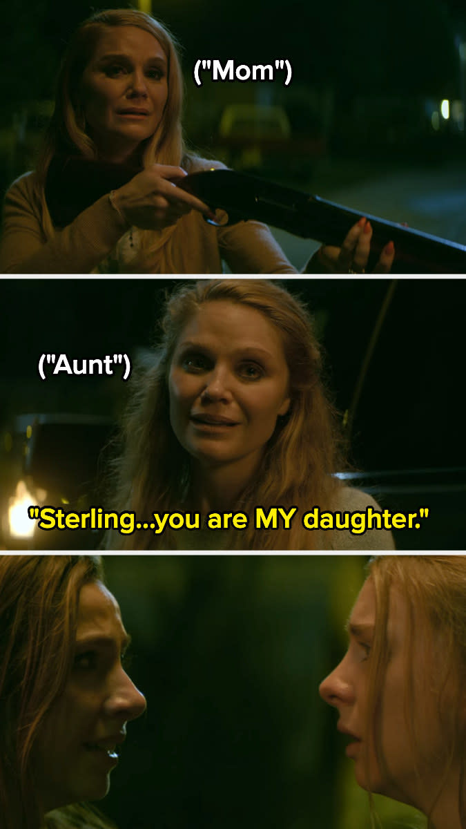 A woman labeled "Mom" with a shotgun, while a woman labeled "Aunt" says "Sterling, you are MY daughter"