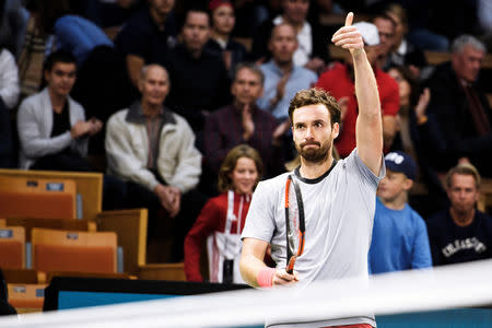 Tennis - Stockholm Open 2018 - Men's Singles - Semi-finals - Royal Tennis Hall, Stockholm, Sweden, October 20, 2018. Ernests Gulbis of Latvia reacts after winning with John Isner of the US. TT News Agency/Erik Simander via REUTERS