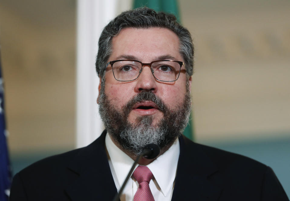 Brazilian Foreign Minister Ernesto Araujo delivering remarks to members of the media following his meeting with Secretary of State Mike Pompeo at the Department of State in Washington, Friday, Sept. 13, 2019. (AP Photo/Pablo Martinez Monsivais)