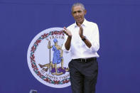 Former President Barack Obama arrives for a rally with Democratic gubernatorial candidate, former Virginia Gov. Terry McAuliffe in Richmond, Va., Saturday, Oct. 23, 2021. McAuliffe will face Republican Glenn Youngkin in the November election. (AP Photo/Steve Helber)