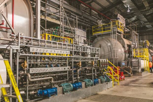 This is a February 2020 photo of the synchronous condensers at the Soldiers Pond converter station, which is where electricity from Muskrat Falls is converted from DC to AC so it can be integrated into the island's power grid. The condensers are used to generate or absorb power as needed in order to maintain optimal energy flow during the conversion from DC to AC, but have been plagued by vibration problems.