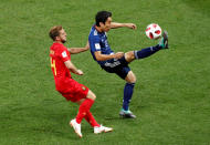 <p>Japan’s Makoto Hasebe in action with Belgium’s Dries Mertens REUTERS/Murad Sezer </p>