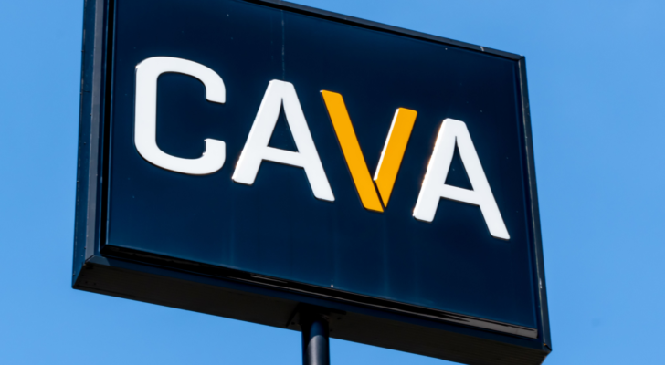 Horizontal, medium closeup of "CAVA" outdoor free standing brand and logo signage on a bright sunny day against a clear blue sky.