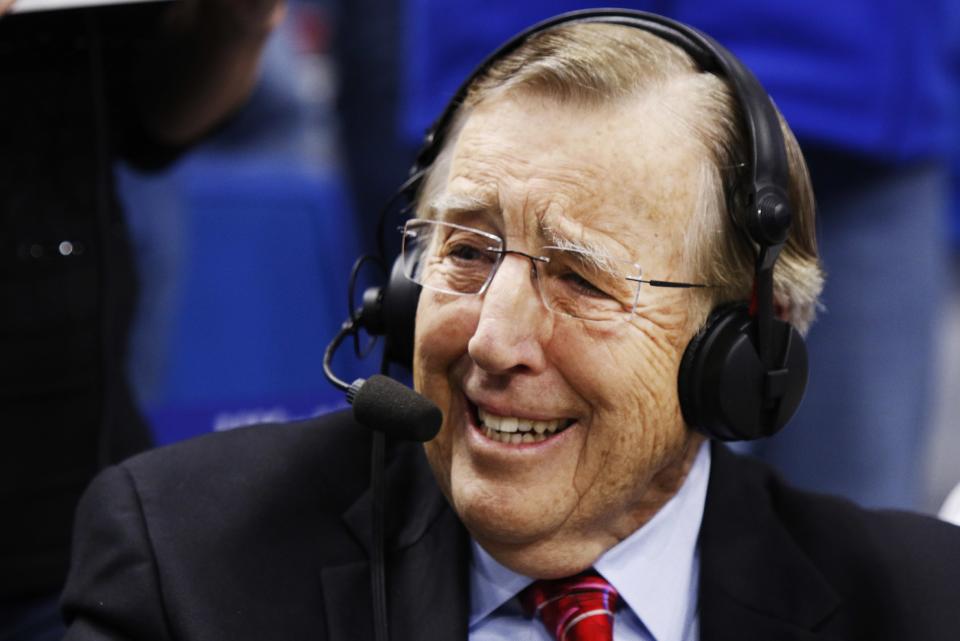 Brent Musburger, who clearly couldn’t care less, welcomed the “beautiful” Katherine Webb to the Raiders after the AJ McCarron trade. (AP)