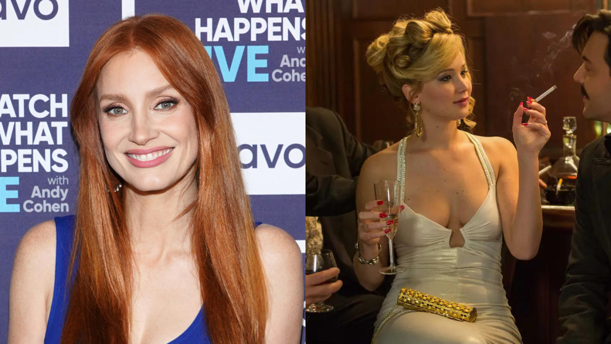 Jessica Chastain had to turn down Jennifer Lawrence's role in 'American Hustle'. (Charles Sykes/Bravo/NBCU Photo Bank/Getty Images/Francois Duhamel/Sony Pictures)