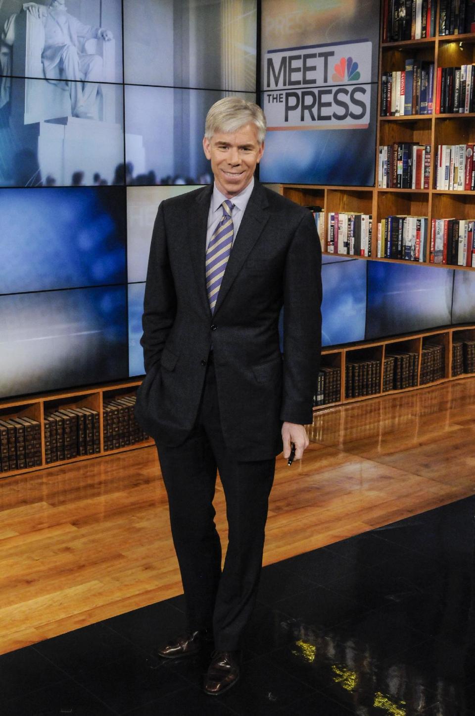 This Feb. 24, 2013 photo released by NBC News shows moderator David Gregory on the set of "Meet the Press," in Washington. The 42-year-old Gregory was named "Meet the Press" moderator in December 2008 after serving as Chief White House correspondent during the presidency of George W. Bush. (AP Photo/NBC, William B. Plowman)