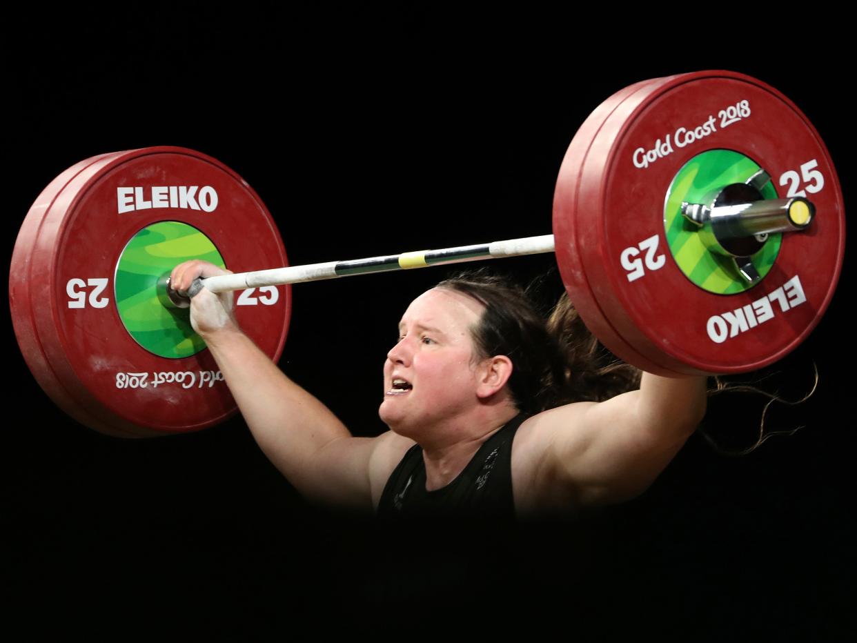 New Zealand's Laurel Hubbard lifts in the snatch of the women's 90kg weightlifting final at the 2018 Commonwealth Games on the Gold Coast, Australia (AP)