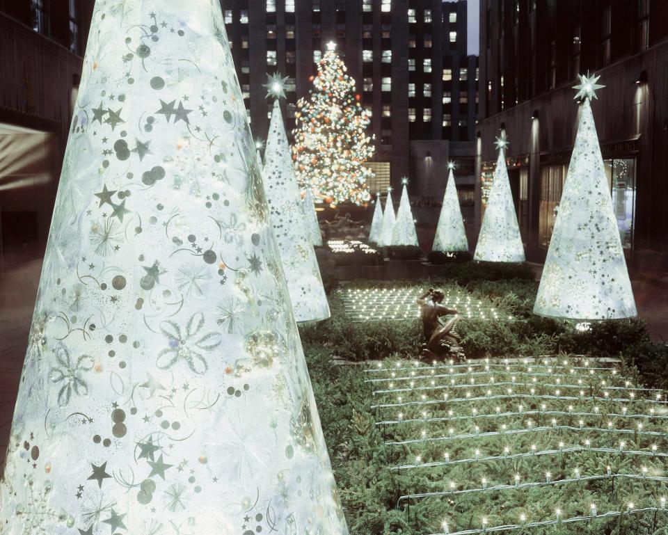 The Rockfeller Center Christmas tree and decorations on 1952 at New York.