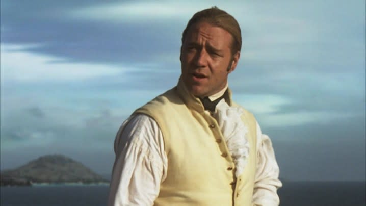 Russell Crowe as Jack Aubrey looking to the distance in Master and Commander.