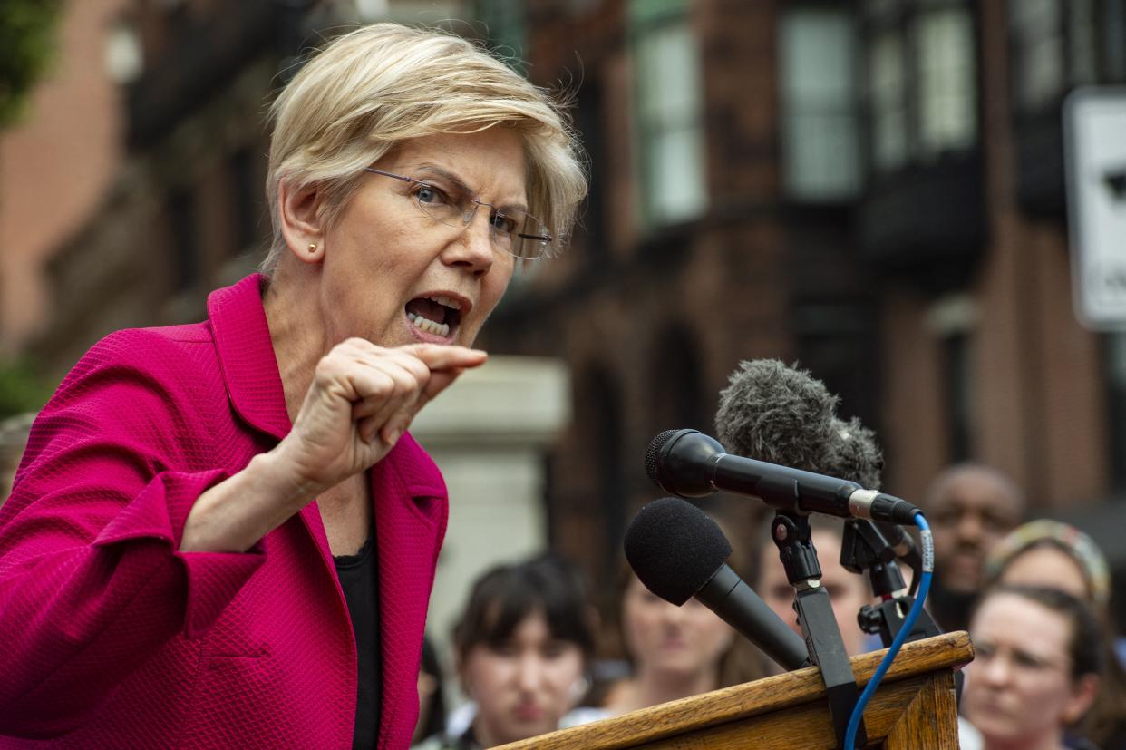 Senator Elizabeth Warren addresses the public during a rally to protest the US Supreme Courts overturning of Roe Vs. Wade at the Massachusetts State House in Boston on June 24, 2022. 