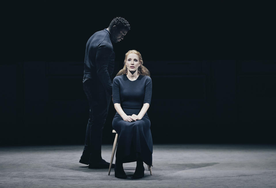 This image released by DKC/O&M shows Jessica Chastain and Okieriete Onaodowan during a performance of "A Doll's House." (Emilio Madrid/DKC/O&M via AP)
