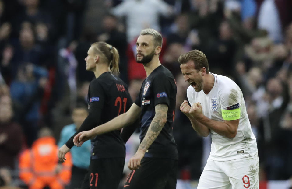 Harry Kane, de la selección de Inglaterra, festeja luego de anotar el gol del triunfo sobre Croacia en un encuentro de la Liga de Naciones de la UEFA, el domingo 18 de noviembre de 2018 (AP Foto/Matt Dunham)