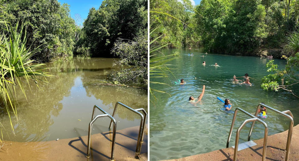 A photo of the Berry Springs natural pool in April. A photo of people swimming in the spot several months back.