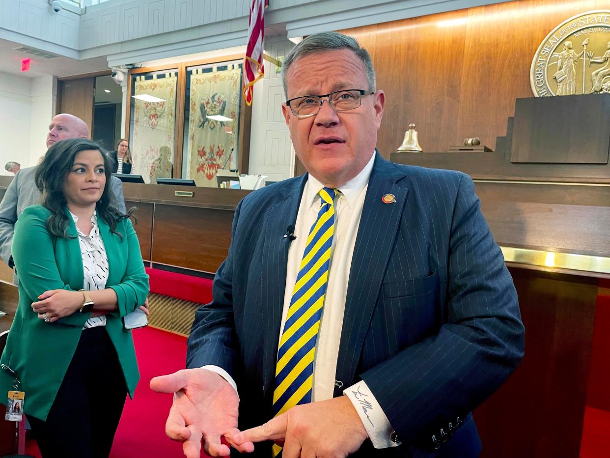 Republican North Carolina House Speaker Tim Moore speaks to reporters Sept. 21, 2023, in Raleigh.