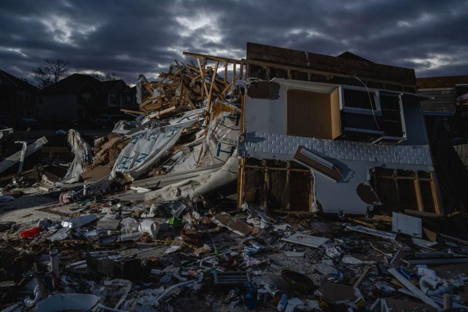 A destroyed home is seen in the aftermath of a tornado on Dec. 10, 2023, in Clarksville, Tennessee.