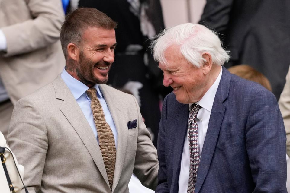 David Beckham, in BOSS, talks with Sir David Attenborough (AP)