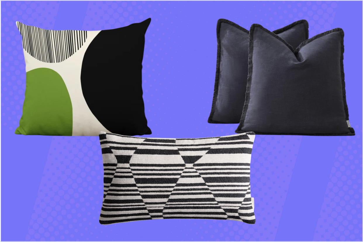 Three outdoor pillows against a purple background