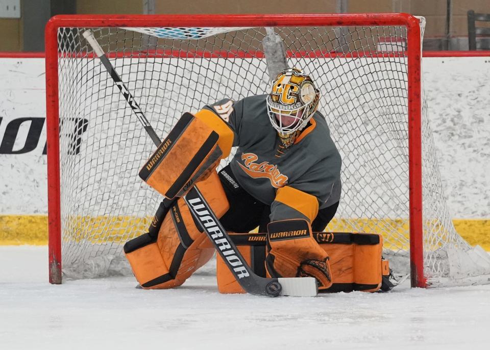 Adrian College's Michaela O'Brien makes a save during Saturday's game against Lawrence.