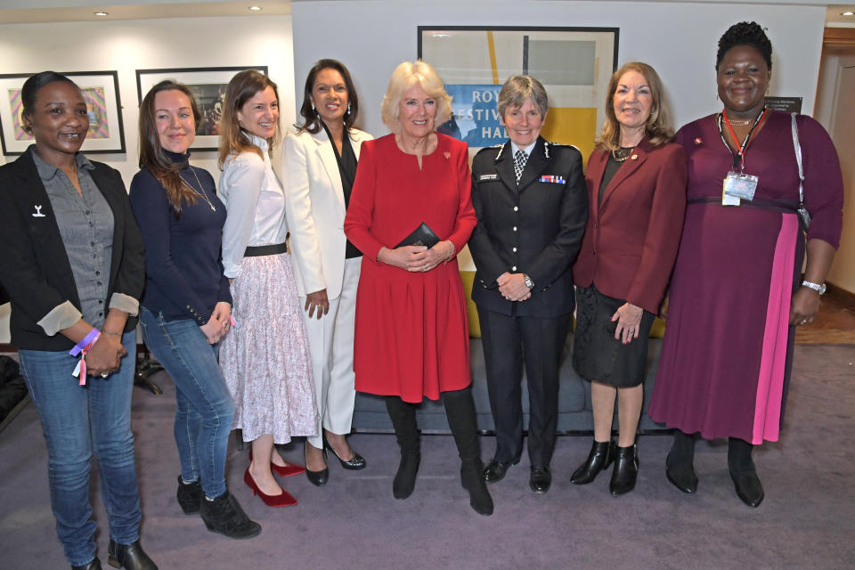 LONDON, ENGLAND - MARCH 06: (L to R)  Naomi Donald, Celia Peachey, Suzanne Jacob, Gina Miller, Camilla, Duchess of Cornwall, Commissioner of the Metropolitan Police Service Cressida Dick, Sheila Gewolb and Daniella Jenkins attend the Grand Opening of the WOW Women Of The World Festival at the Southbank Centre on  March 6, 2020 in London, England.  (Photo by David M. Benett/Dave Benett/Getty Images)