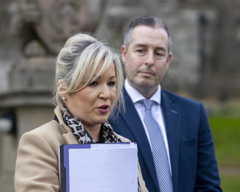 Deputy First Minister Michelle O’Neill and First Minister Paul Givan address the media (Liam McBurney/PA) (PA Wire)