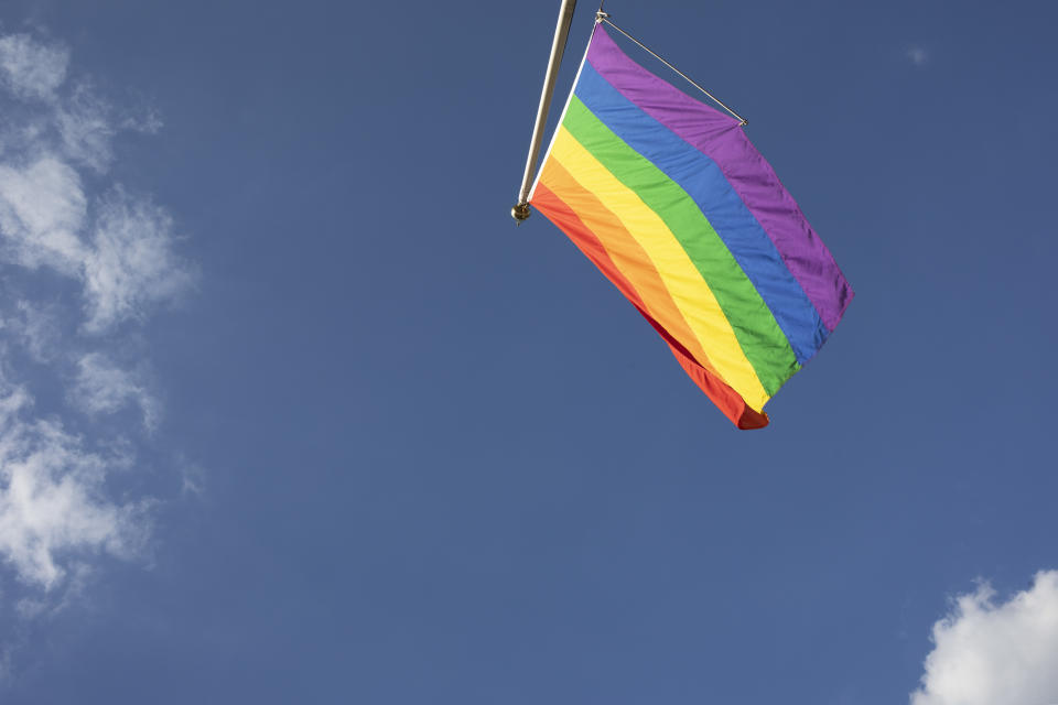 Rainbow flag of the Pride movement in London, United Kingdom. The rainbow flag, commonly the gay pride flag and sometimes the LGBT pride flag, is a symbol of lesbian, gay, bisexual, and transgender (LGBT) pride and LGBT social movements. It has been in use since the 1970s. (photo by Mike Kemp/In PIctures via Getty Images)