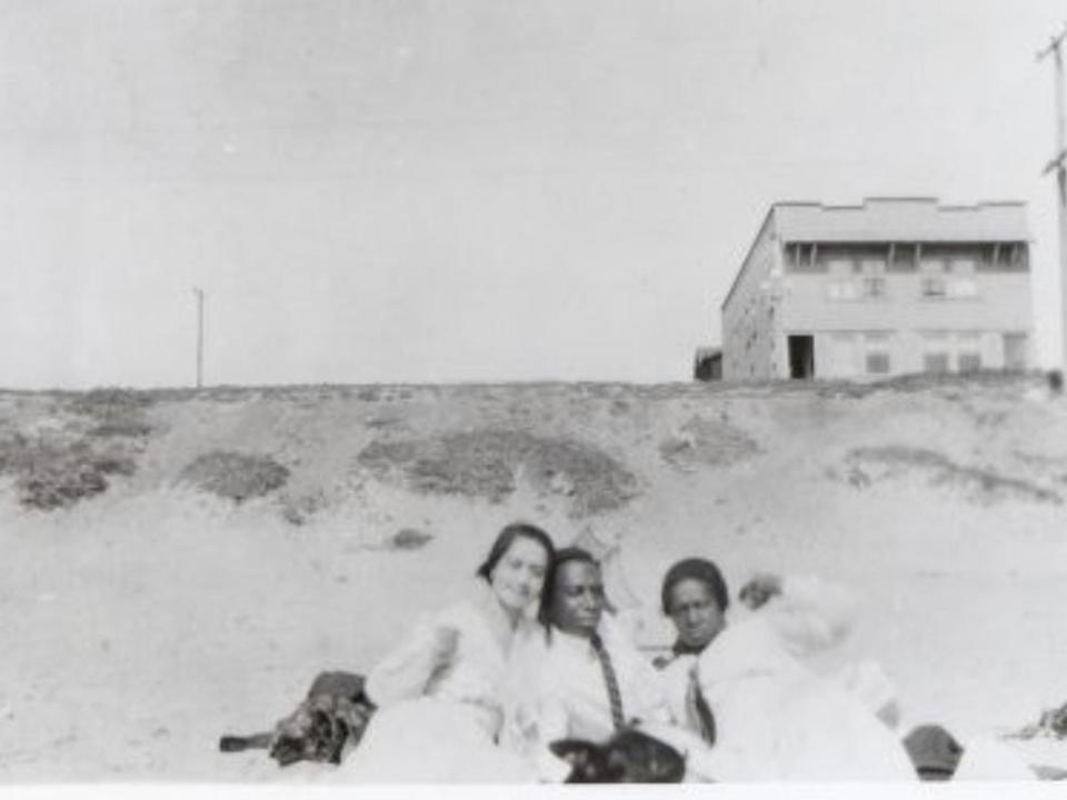 Black and white photo shows residents at Bruce's Beach.