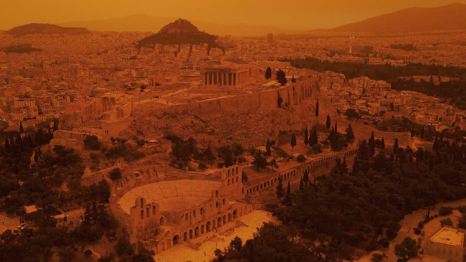 A dust cloud from the Sahara Desert in Africa covers the Acropolis on April 23, 2024 in Athens. - Milos Bicanski/Getty Images