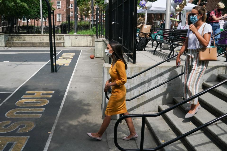 Democratic Rep. Alexandria Ocasio-Cortez, who is running for re-election, launches an effort to increase voter registration and 2020 Census participation in New York's 14th Congressional District in the Borough of Queens on August 15, 2020 in New York. (Photo by Bryan R. Smith / AFP) (Photo by BRYAN R. SMITH/AFP via Getty Images)