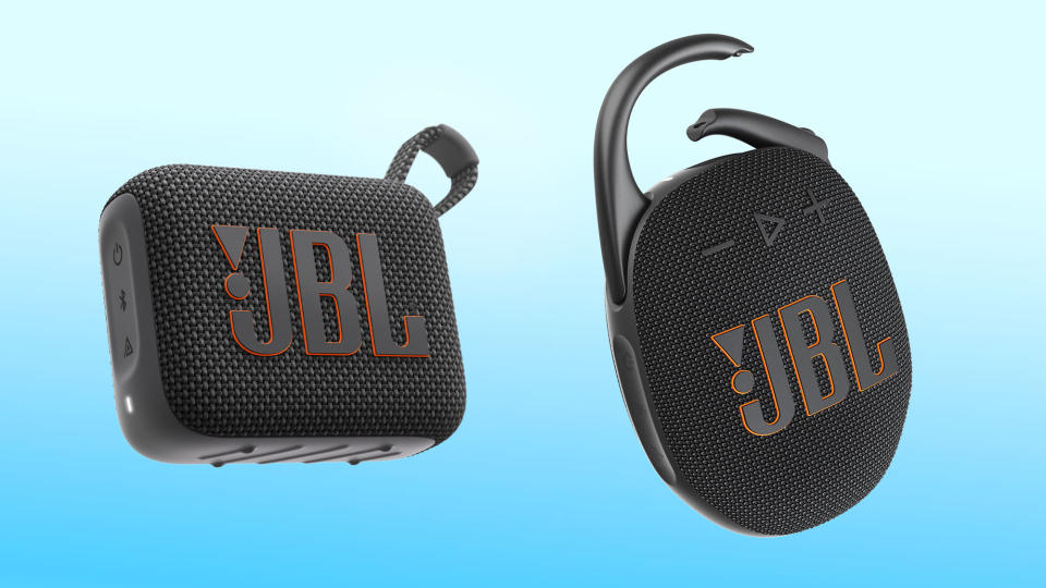 A collage with the JBL Go 4 and JBL Clip 5 against a blue and white gradient background